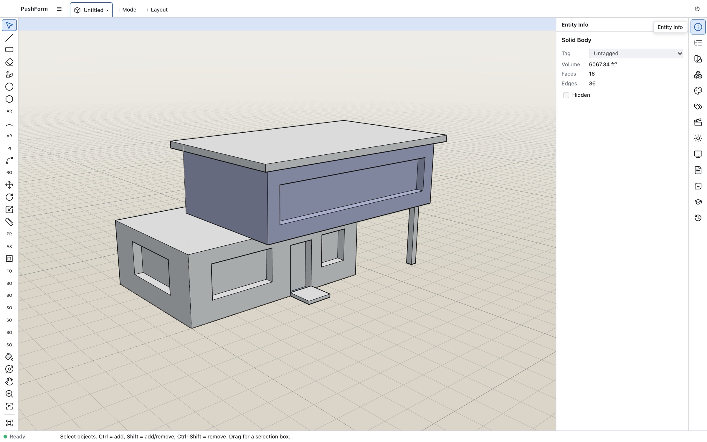 The PushForm modeler showing a two-storey house with the upper floor selected and the Entity Info panel reporting a Solid Body with its volume, faces and edges