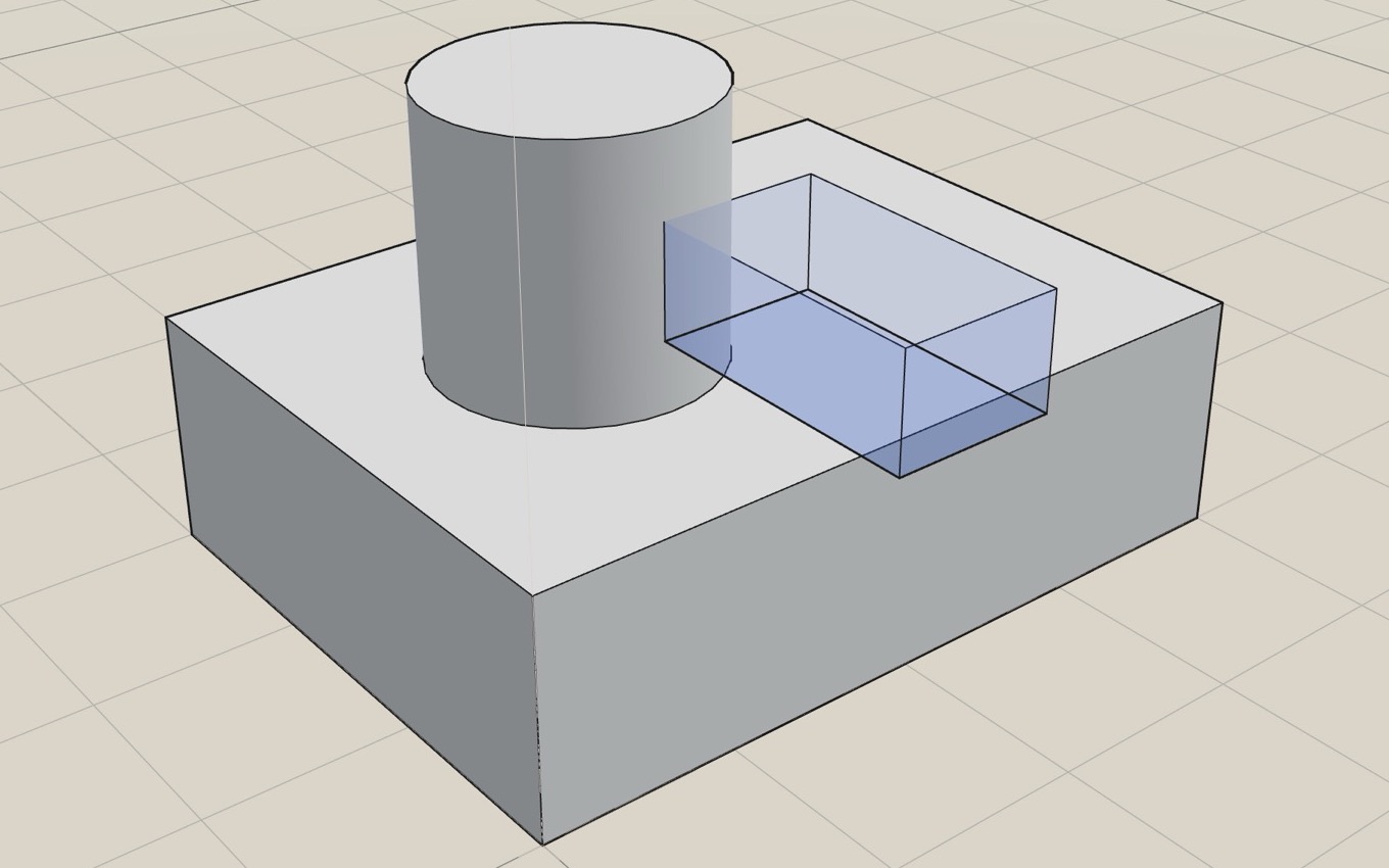 Push/Pull tool previewing a rectangular pocket being pushed down into a solid block